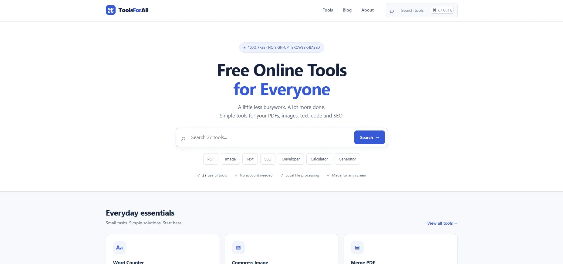 ToolsForAll browser tools website screenshot